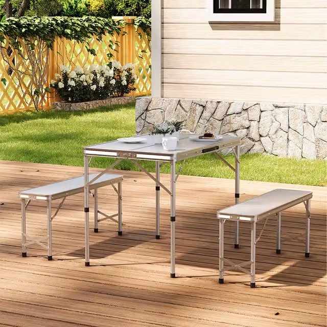 Livingandhome Portable Foldable Camping Table and Benches Set in Silver