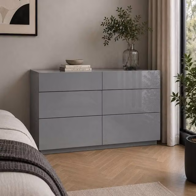 Birlea Liberty 6 Drawer Wide Chest of Drawers in Grey Glossy Glass