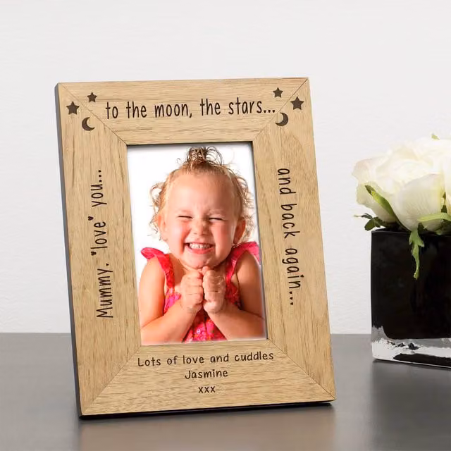 Uniqueful Women's Personalised Mum Moon & Stars Wood Picture Frame, Brown, W: 10 cm, H: 15 cm