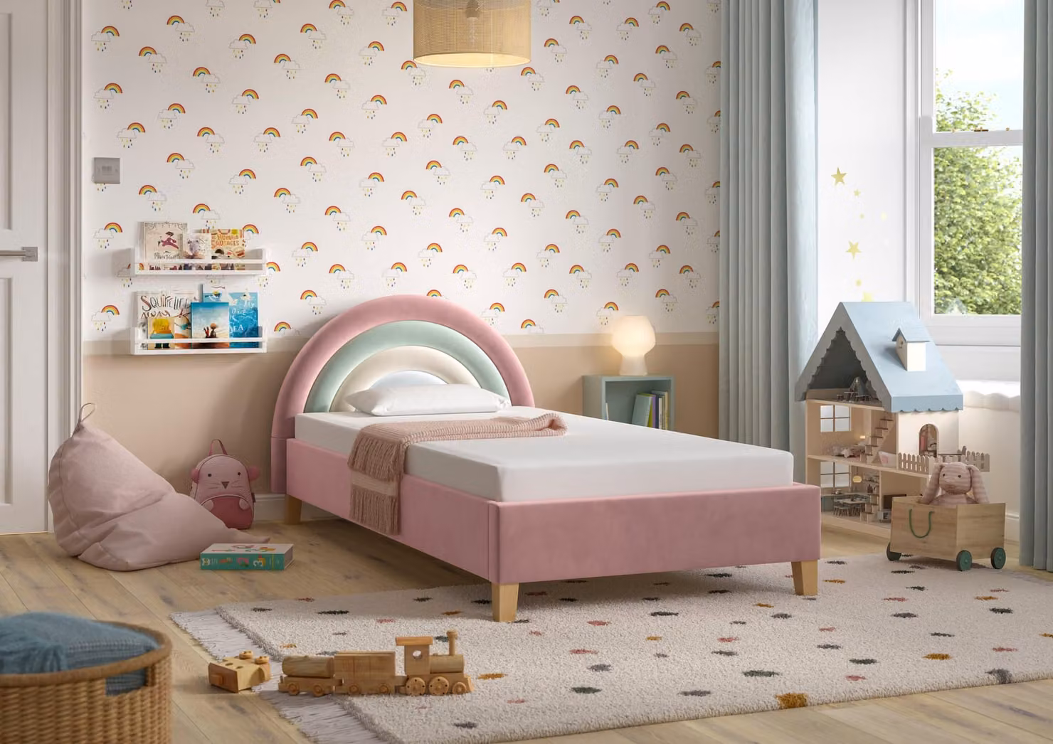 Dreams Pink Velvet Upholstered Childrens Bed with Foam Mattress