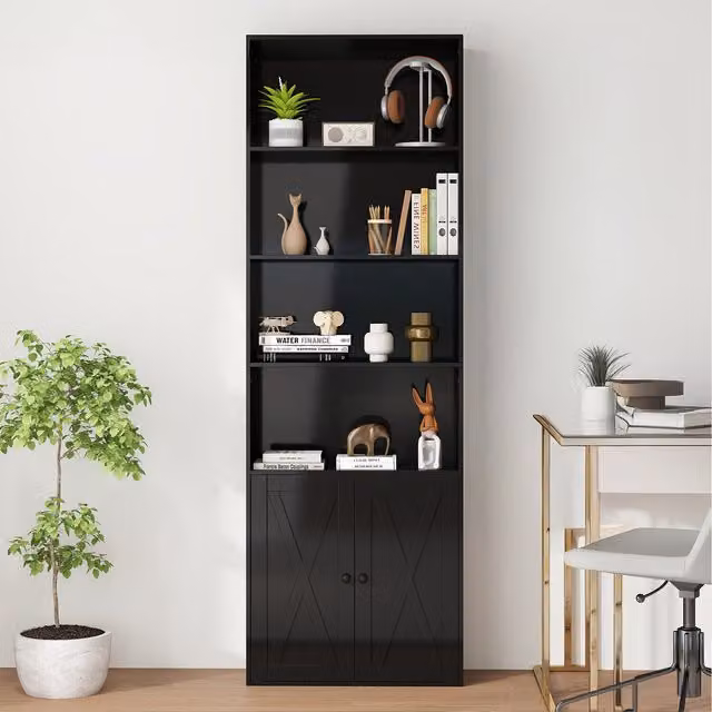 COSTWAY Modern 6-Tier Freestanding Black Glossy Bookshelf with Adjustable Shelves and Back Panel