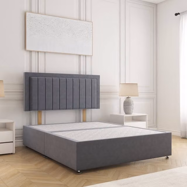 BSSPOKE Zarah King Size Divan Bed Set with 24 inch Plush Velvet Headboard in Charcoal Grey
