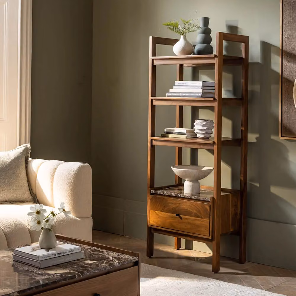 Atkin and Thyme Brera Marble Narrow Shelving Unit in Brown with Acacia Wood and Metal