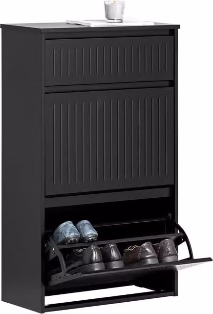 SoBuy Modern Black Shoe Cabinet with 2 Tilting Compartments and Pull Out Drawer
