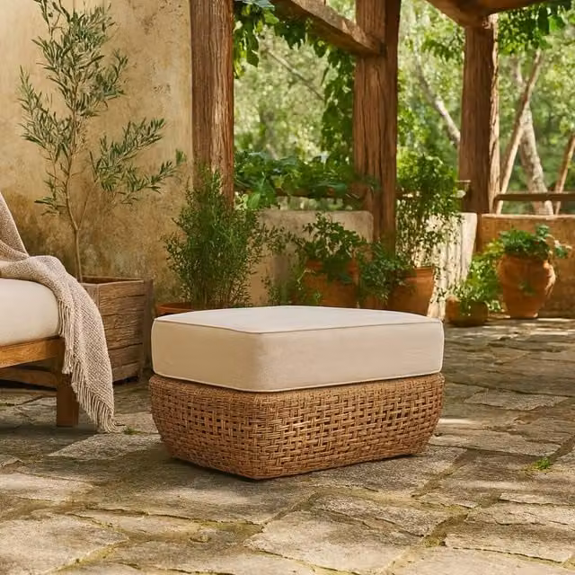 Wyld Haus Sardinia Outdoor Rattan Footstool with Brown Cushion in Beige