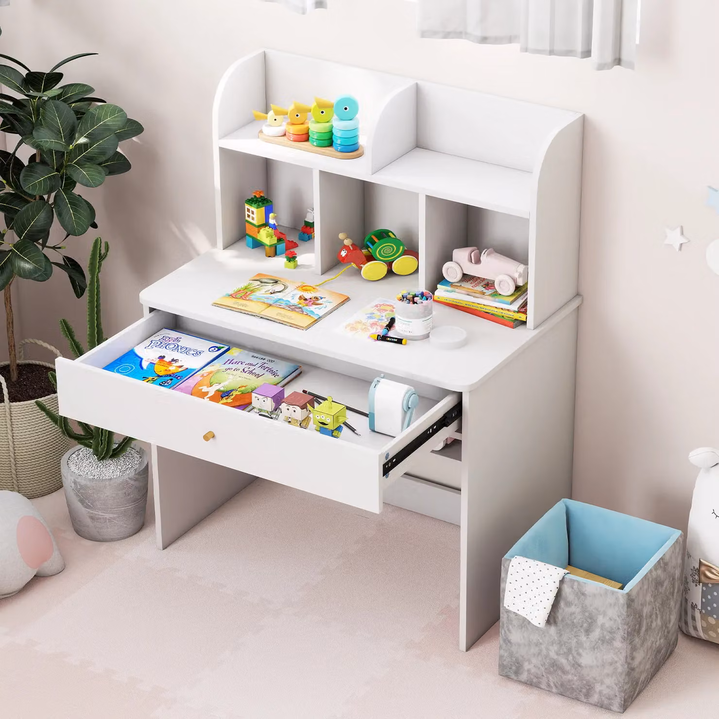 Gymax White Wooden Writing Desk with Hutch and Drawer for Home Office or Children's Room – 3
