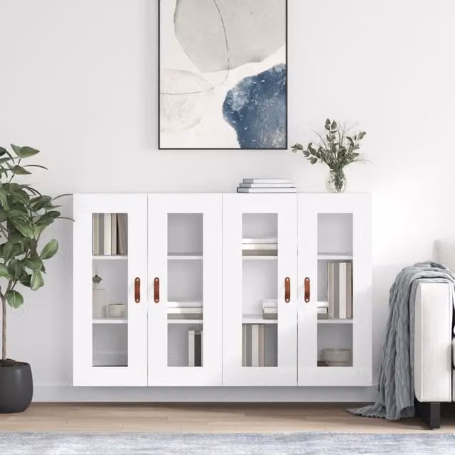 Berkfield Home Set of 2 White Wall Mounted Cabinets with Glass Doors and Internal Shelves