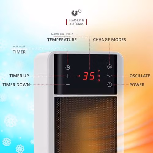 Netta 2000W Electric Ceramic Tower Fan Heater in Black and White – 3