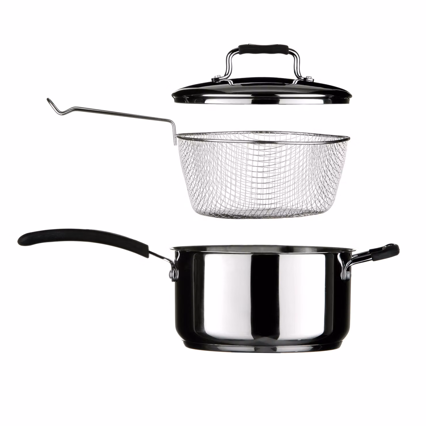Orsina 4L Stainless Steel Chip Pan with Glass Lid and Wire Basket in Silver and Black – 2