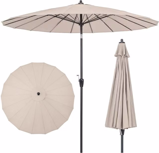 COSTWAY Round Market Umbrella Patio Parasol in Beige with UPF 50 Polyester Canopy