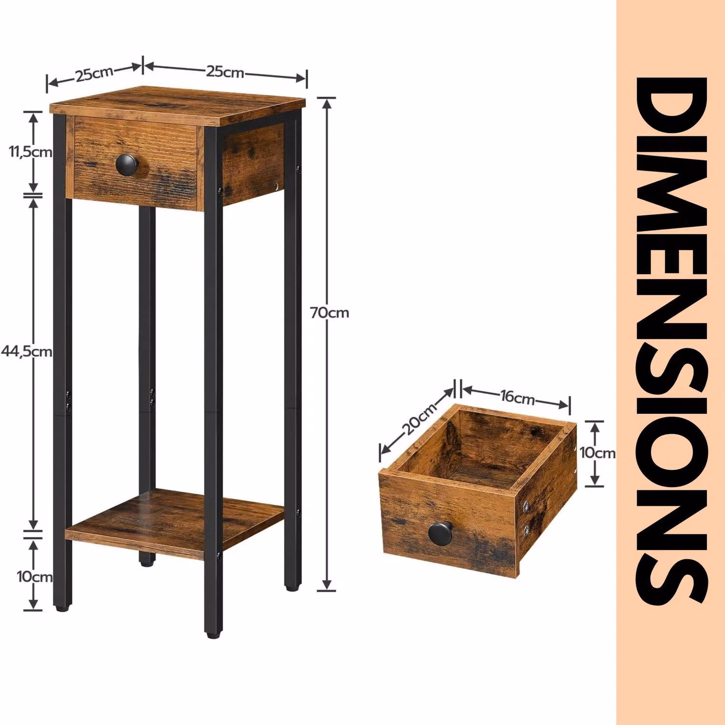 Rafaelo Mobilia Set of 2 Slim Industrial Side Tables in Brown and Black – 5