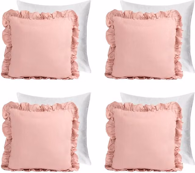 Pack of 4 Plain Pink Linen and Polyester Frill Filled Square Cushions