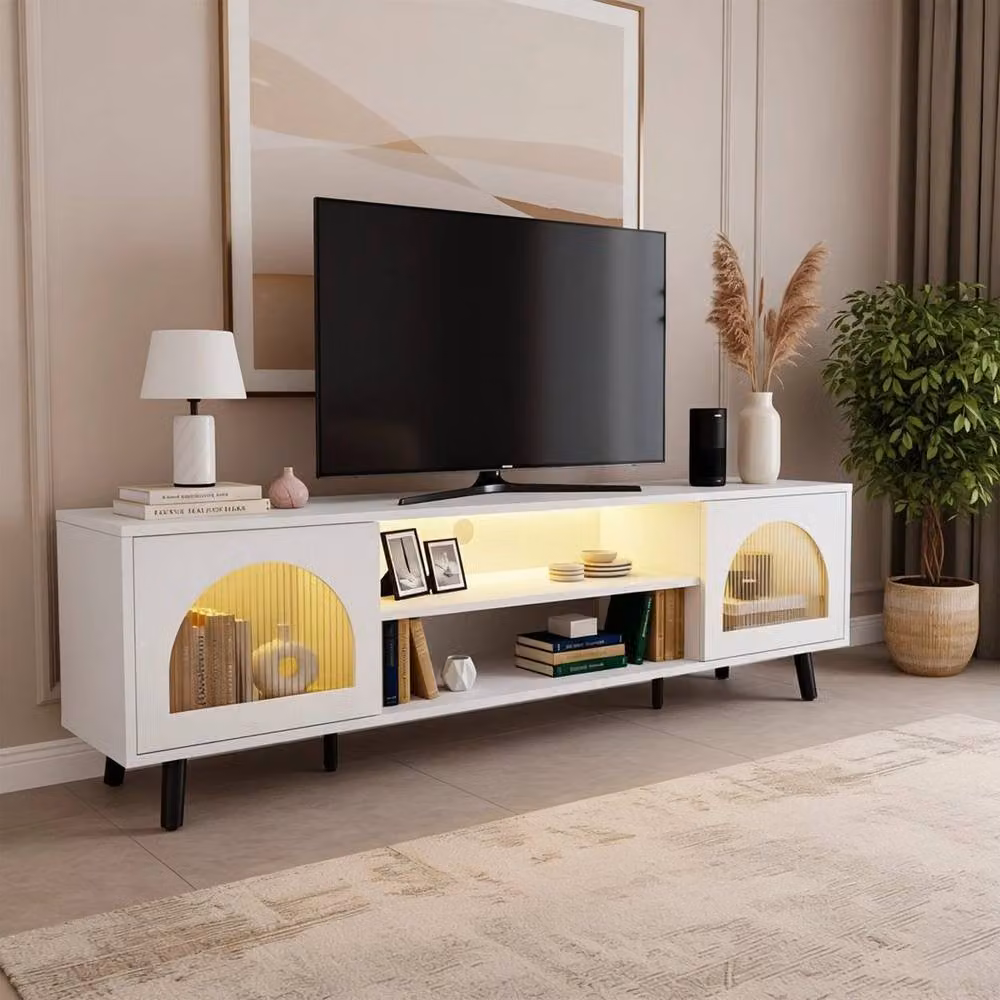KORVIXA White Modern TV Stand Cabinet with 2 Glass Doors and Integrated Lighting W/D/H: 100 x 47 x 160 cm – 2