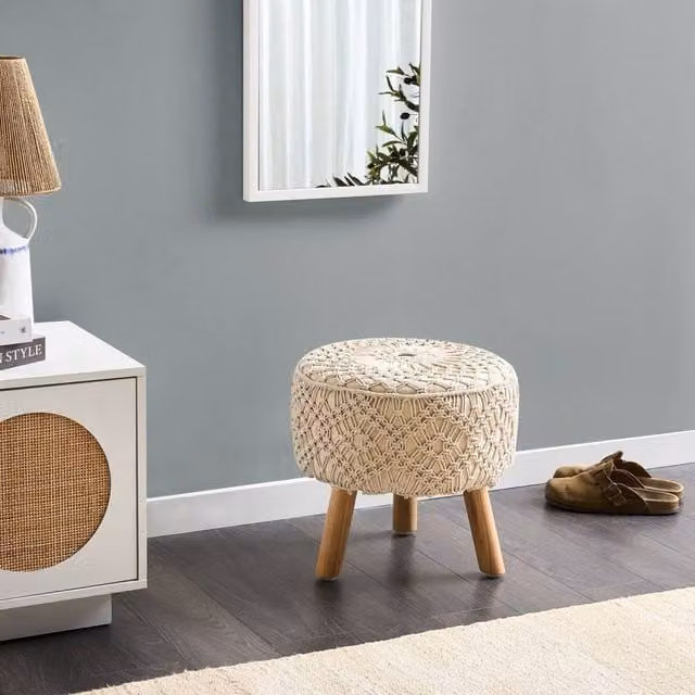 Wyld and Coco Beige Macramé Cotton Footstool with Wood Frame W/D/H: 40 x 40 x 44 cm – 1