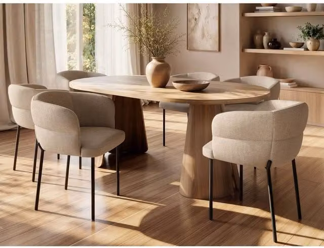 Solace+Co Ebony Oak Extendable Oval Dining Table with 6 Beige Elise Chairs
