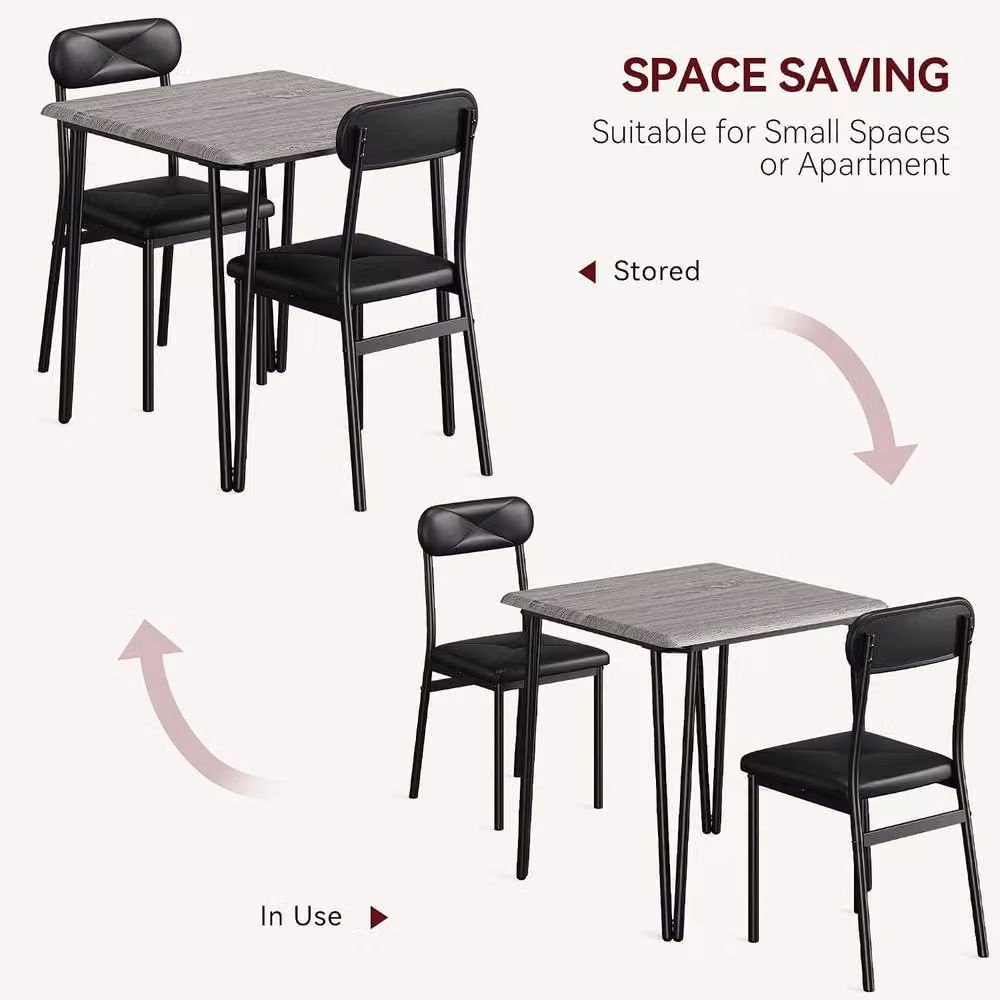 London Boutique 3 Piece Dining Set with Square Kitchen Table and 2 Grey Upholstered Chairs – 3