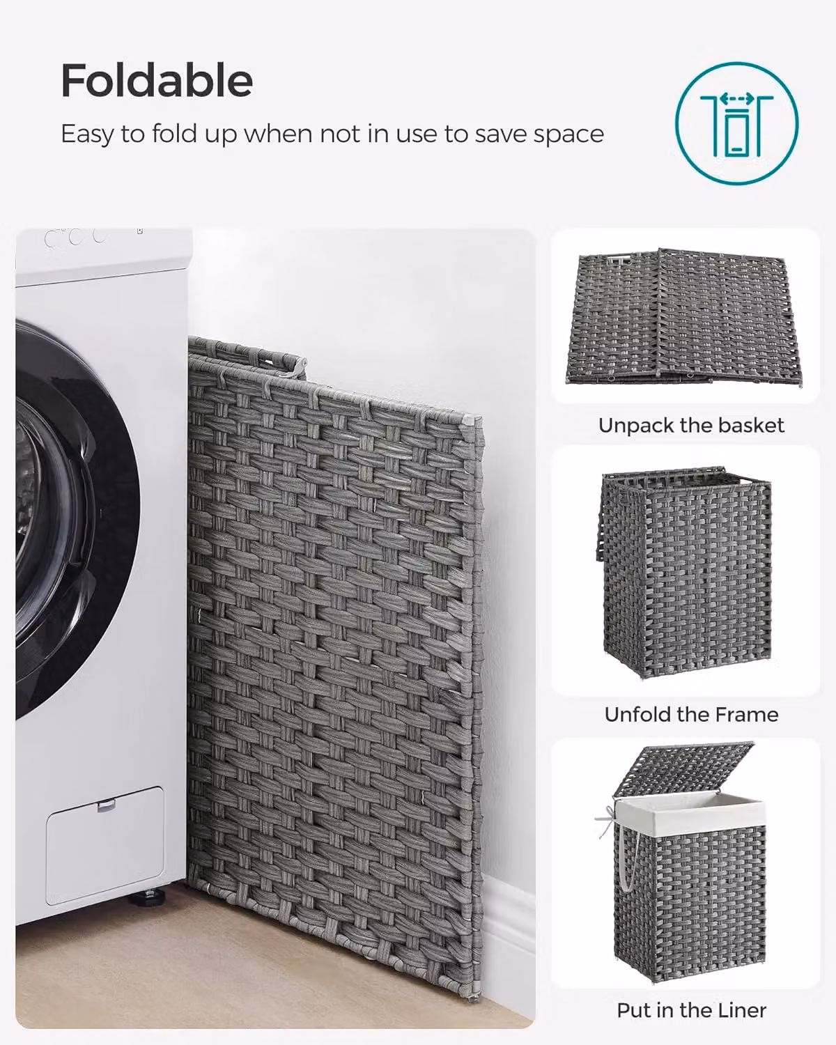 SONGMICS Large Fabric Laundry Storage Basket with Lid and Removable Bag, Grey – 5