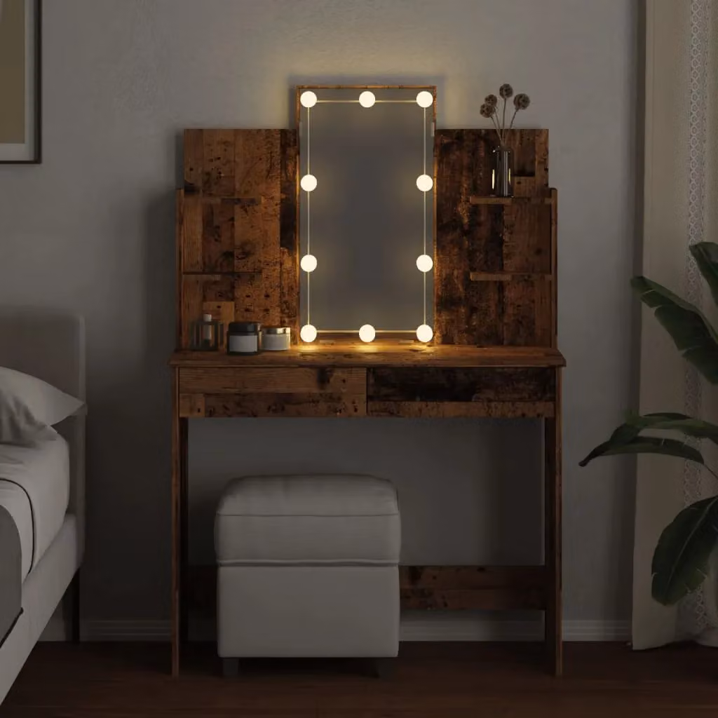 Berkfield Home Dressing Table with LED Lights in Old Wood Brown, W/D/H: 96 x 40 x 142 cm – 4