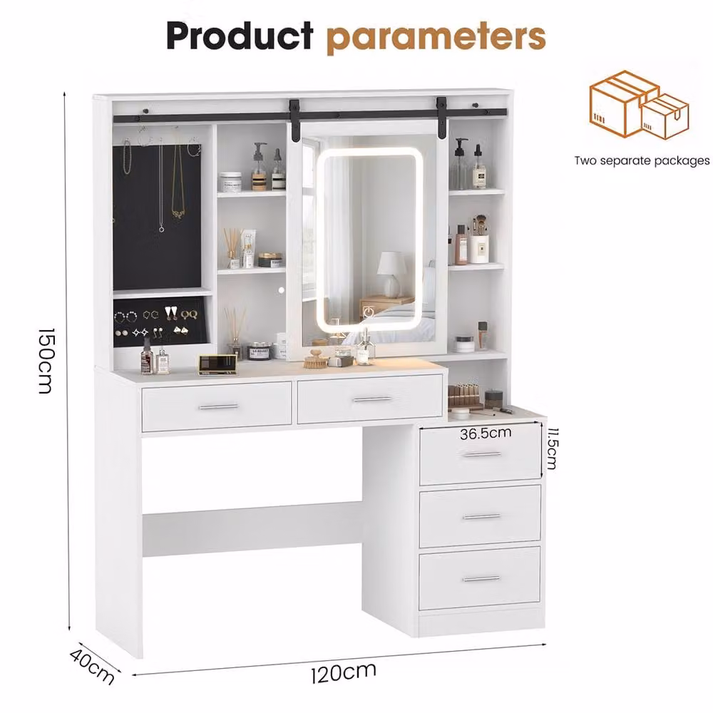 FLAVORA White Glossy Modern Dressing Table with Hollywood LED Light Mirror and Drawers, W: 120 cm, H: 150 cm – 2