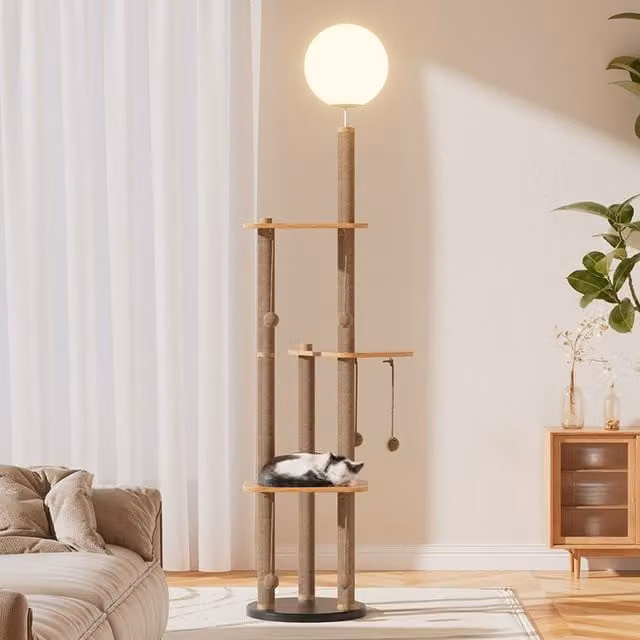 Livingandhome 2-in-1 Cat Climbing Floor Lamp with Sisal Post and Toys, Brown, Height: 40 cm