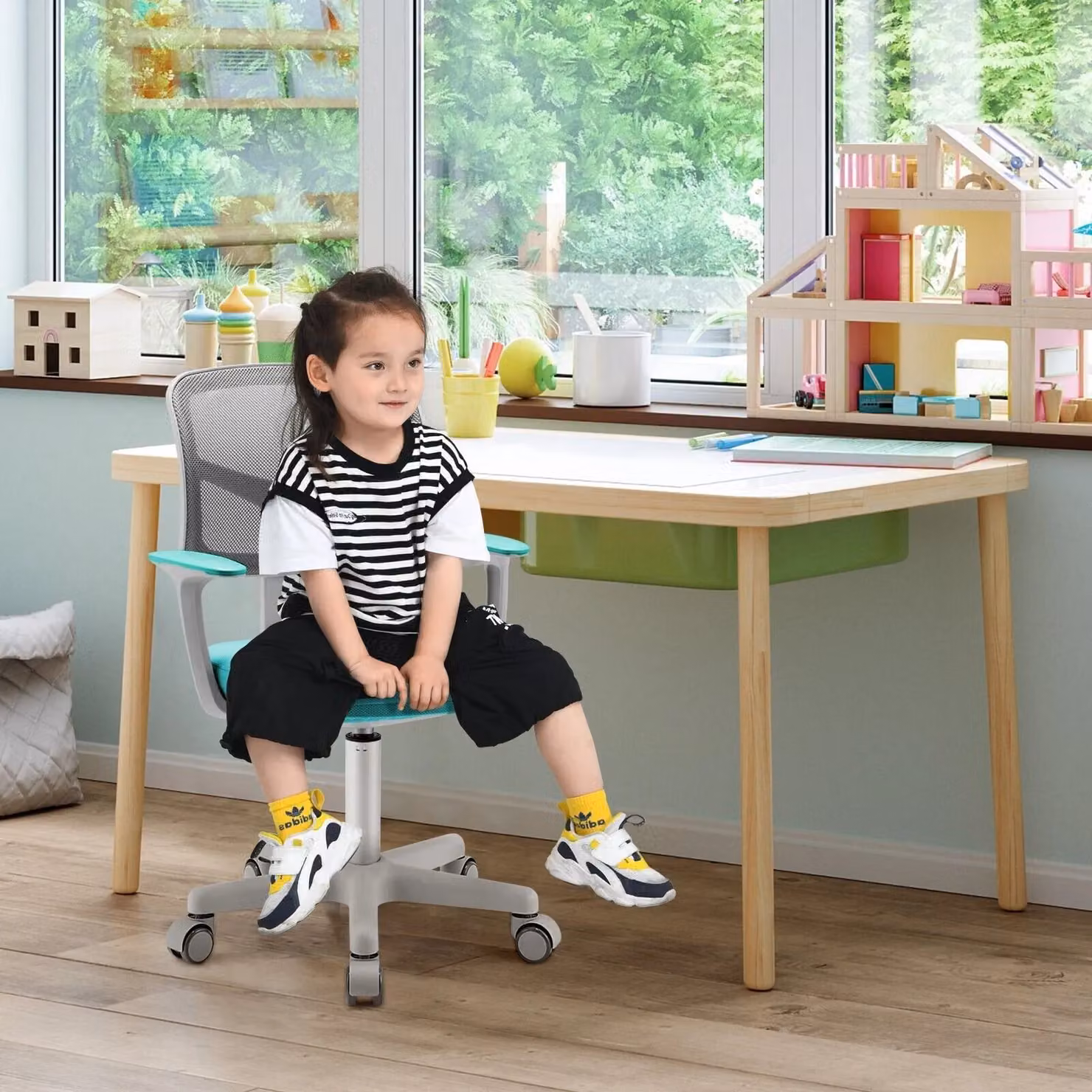 Costway Blue Fabric Swivel Task Chair for Home Office and Children's Rooms – 3