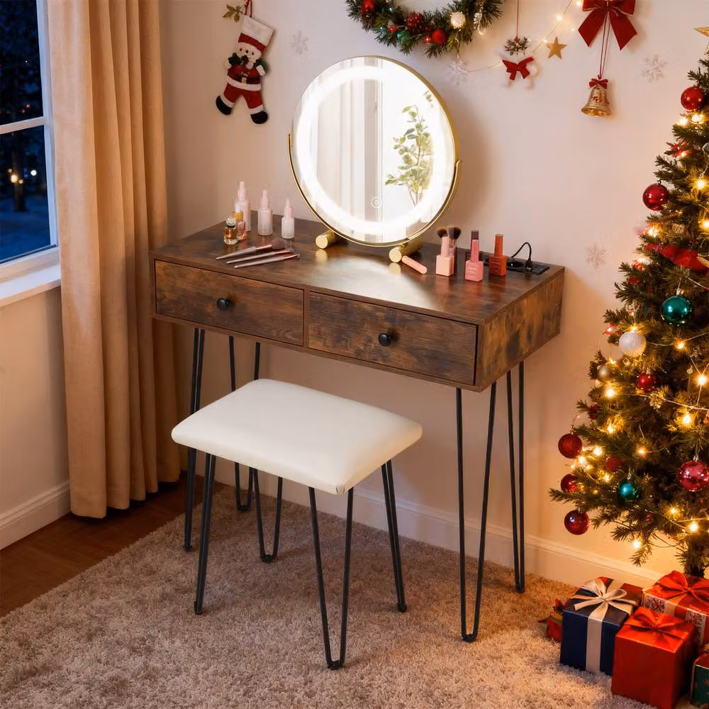Costway Vanity Desk and Stool Set with Hollywood LED Mirror in Brown – 8