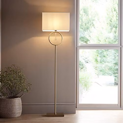 K Living Lizzy Antique Brass Floor Lamp with White Fabric Shade, Height: 154 cm