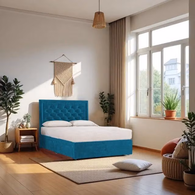 Knight Sleep Ellis Plush King Size Bed Set with Hybrid Mattress and 2 Drawers in Baby Blue