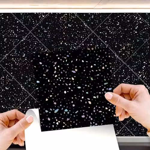WALPLUS Terrazzo Holographic Glitter Black Self Adhesive Wall Tile Stickers, 24 Pack, W/D/H: 15 x 15 x 0.54 cm – 1