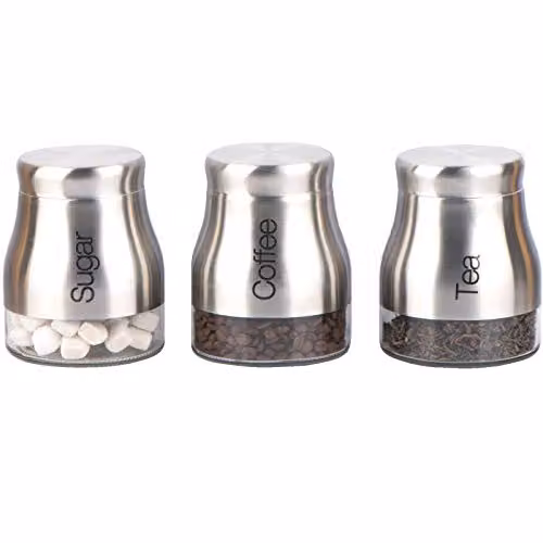 Gr8 Home Set of 3 Silver Glass Kitchen Storage Canisters