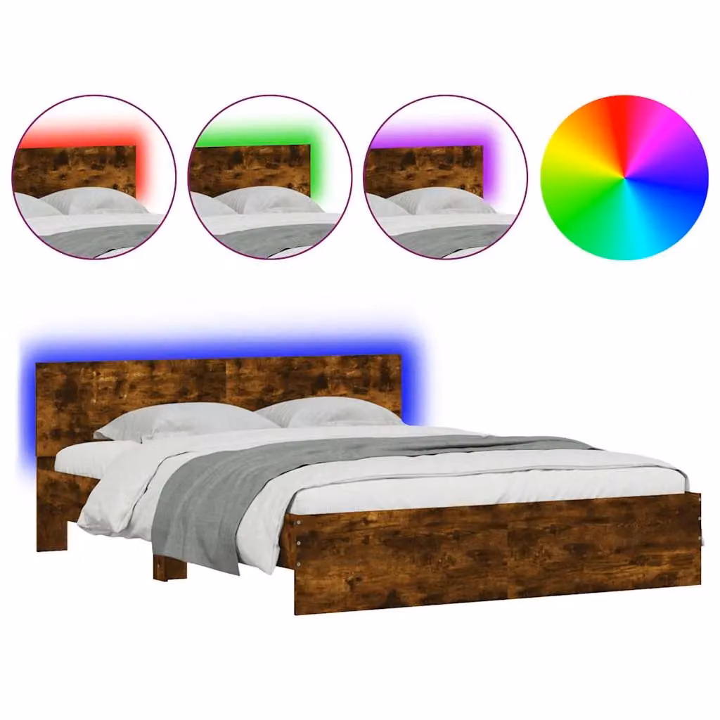Berkfield Home Modern King Size Bed Frame with Headboard, LED Under-Bed Lighting and USB Charging Port, Smoked Oak Brown, W/D/H: 150 x 200 cm – 2