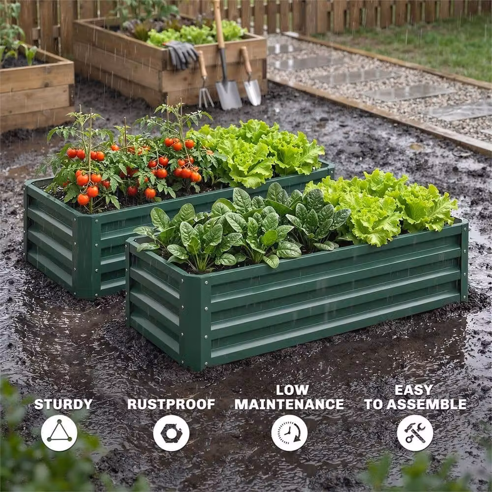 EONLION Set of 2 Green Galvanised Steel Outdoor Planter Box Raised Bed Tubs – 2