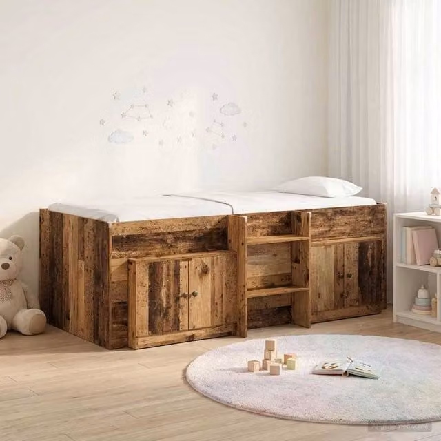 Berkfield Home Loft Bed Frame with Cabinet in Old Wood Brown, 3-Piece Engineered Wood Set
