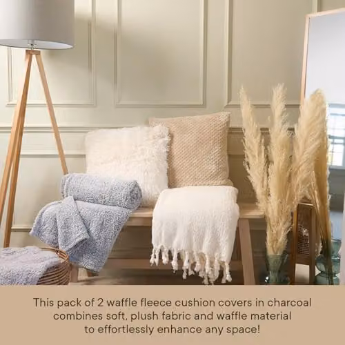 OHS Set of 2 Waffle Fleece Square Cushion Covers in Grey, 45 x 45 cm – 3