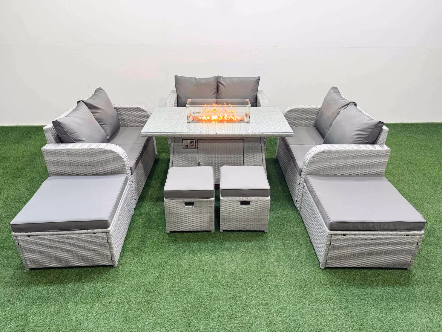 Fimous 10 Seater Modern Outdoor Garden Furniture Set in Light Grey with U-Shape Love Sofa, 3-Seater Sofa, 2-Seater Sofa, Ottoman and Coffee Table
