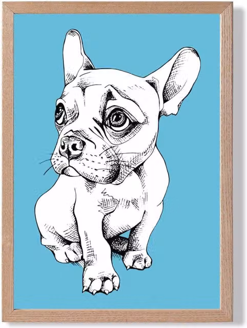 ARTZE Sketch French Bulldog Framed Print in Bright Blue with Oak Frame, Size: A2