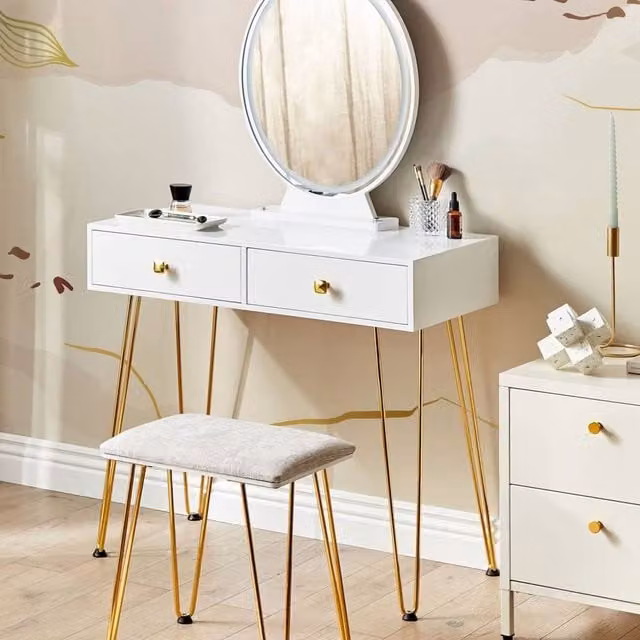 Wyld and Coco Luxe White and Gold Dressing Table with LED Oval Mirror and Stool and 2 Drawers – 1