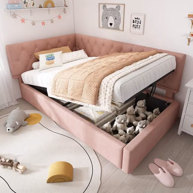 Aosom UK Pink Velvet L-Shaped Upholstered Daybed with Hydraulic Ottoman Storage and Single Sofa Bed, W/D/H: 100 x 196 x 77 cm – 1
