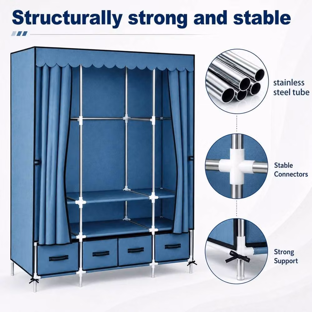 FORGEVIO Blue Treasure Portable Fabric Wardrobe with Internal Shelves, Drawers and Hanging Rod – 2
