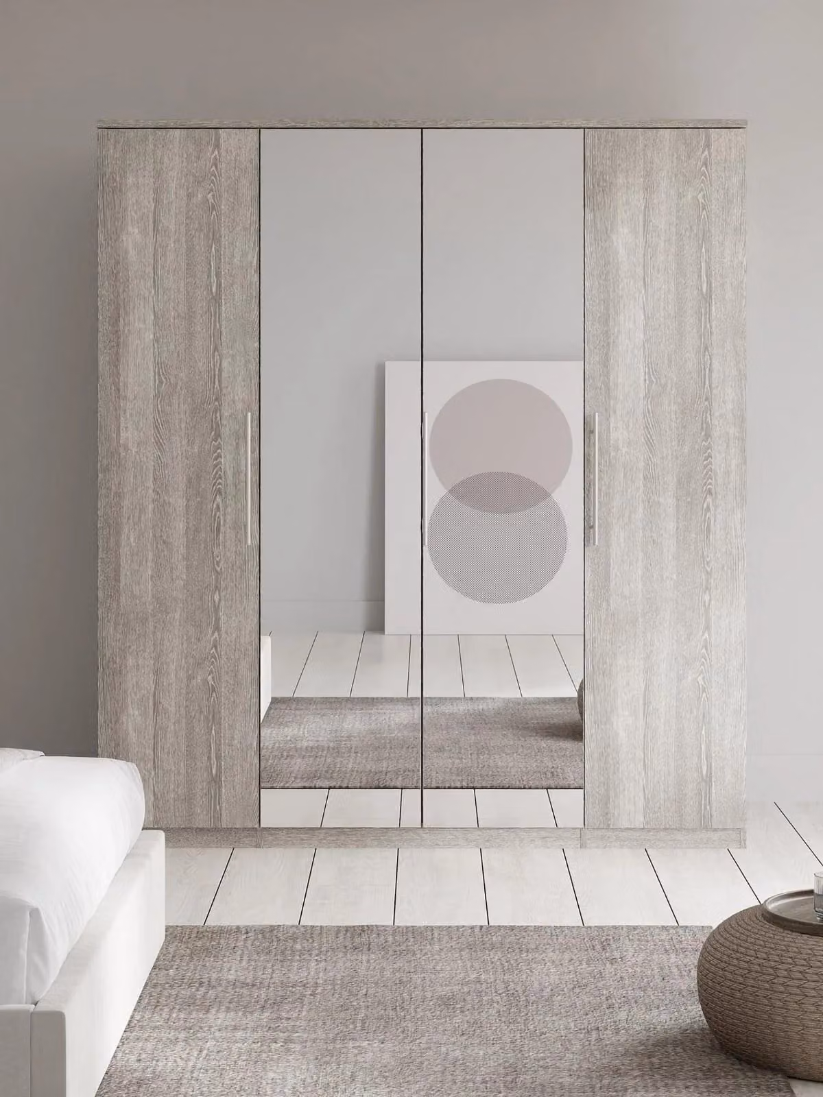 Prague 4 Door Wardrobe with Mirrors and Integrated Drawers in Grey by Cheap Furniture Warehouse, H 197 x W 159 x D 53 cm