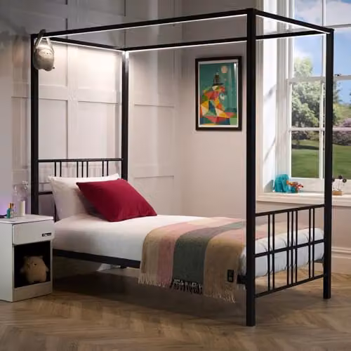 X-Rocker FERN Black Metal Four Poster Canopy Bed Frame with Dimmable LED Lighting, Single 3ft, W/D/H: 90 x 190 x 183 cm – 7