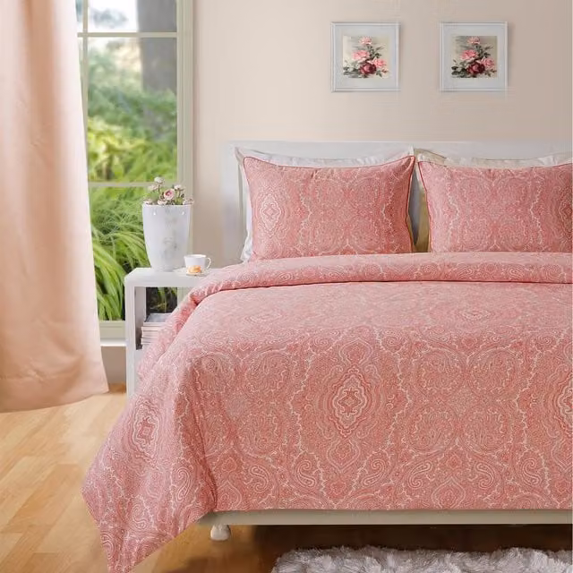 Roseley Cotton Duvet Cover and Pillowcase Set with Graphic Paisley Print in Red, Pink and Multicolour, W: 180 cm, H: 200 cm