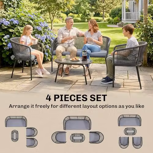 Outsunny 4 Piece Grey Rope Woven Garden Furniture Set with Upholstered Cushions – 3