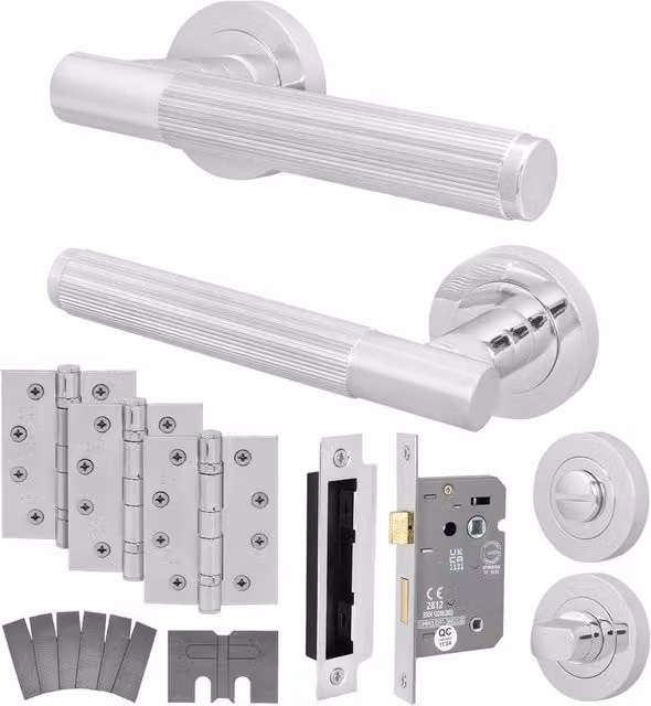 AFIT Polished Chrome Fire Door Handle and Bathroom Lock Set with Hinges in Silver