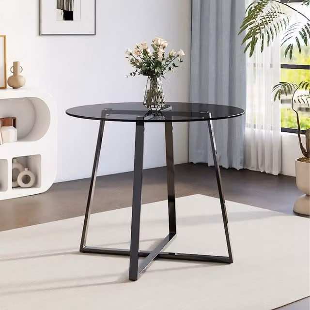 Komore Modern Round Dining Table with Black Transparent Glass Top and Metal Base