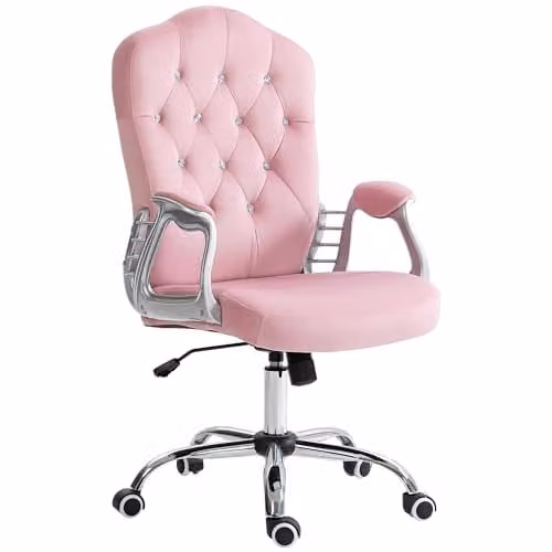 Vinsetto Pink Velvet Home Office Task Chair with Armrests and Swivel Castors