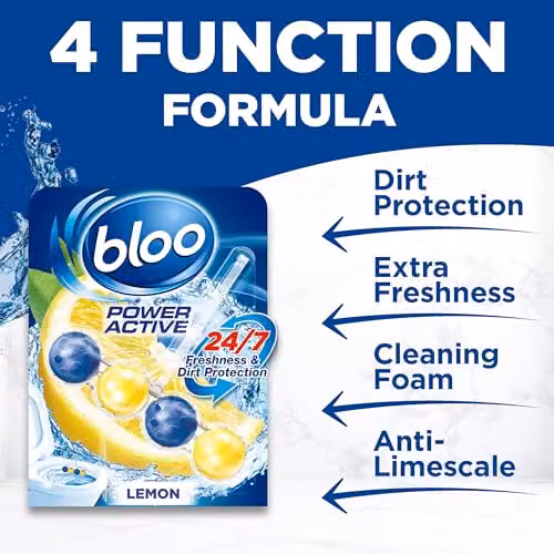 Bloo Power Active Lemon Toilet Rim Blocks with Anti-Limescale and Cleaning Foam, Pack of 2 – 3