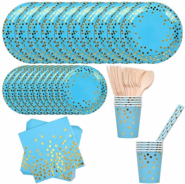 Neel Blue 80-Piece Dotted Paper Dinnerware Set in Baby Blue – 1