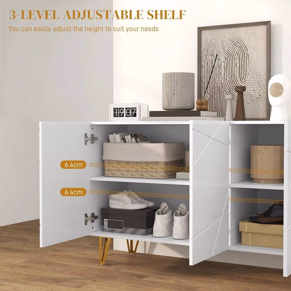 FORGEVIO White Glossy Modern Sideboard Storage Cabinet with Gold Details and Adjustable Internal Shelves – 3