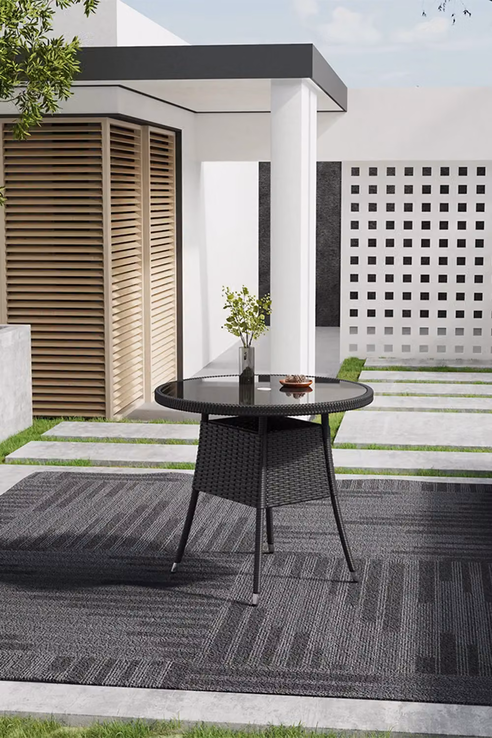 Living and Home 4 Seater Garden Dining Table in Black Wicker with Tempered Glass and Parasol Hole, W/D/H: 72.5 x 80.0 cm – 3